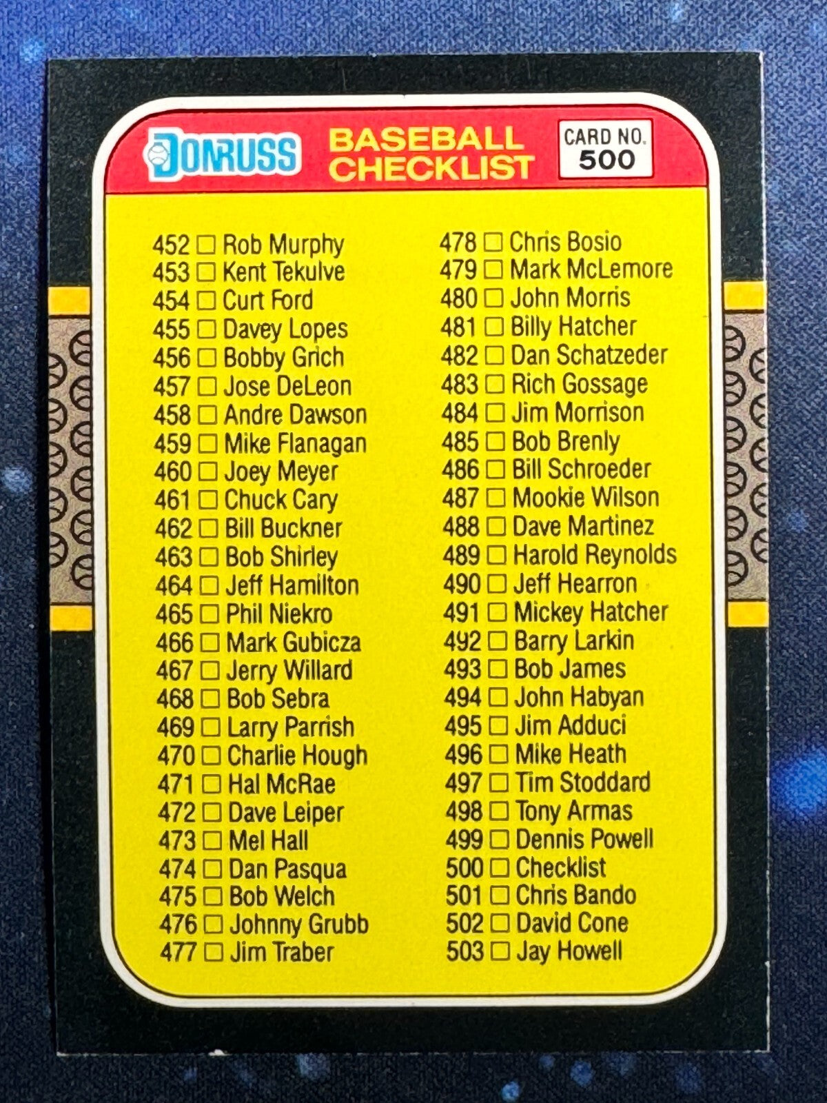 1987 Donruss #500 Checklist 452-567