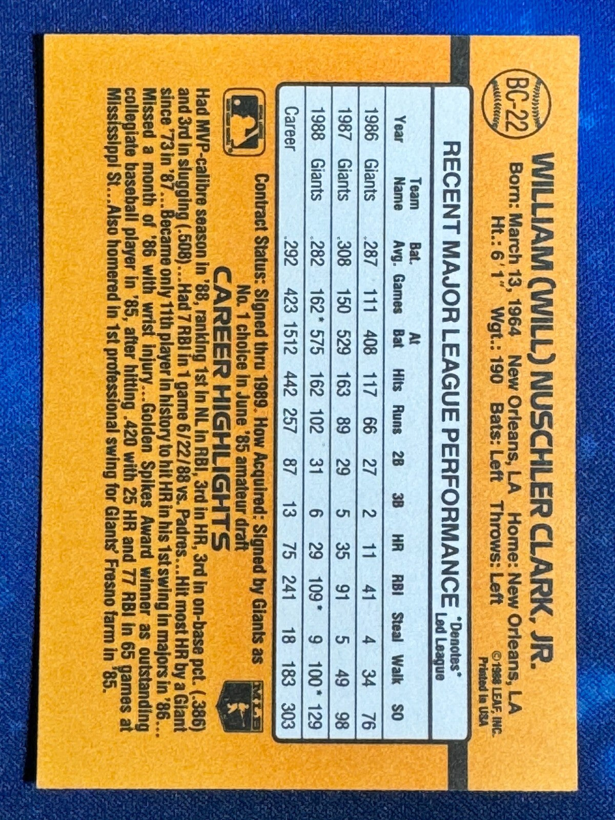Will Clark 1989 Donruss MVP #BC-22 San Francisco Giants