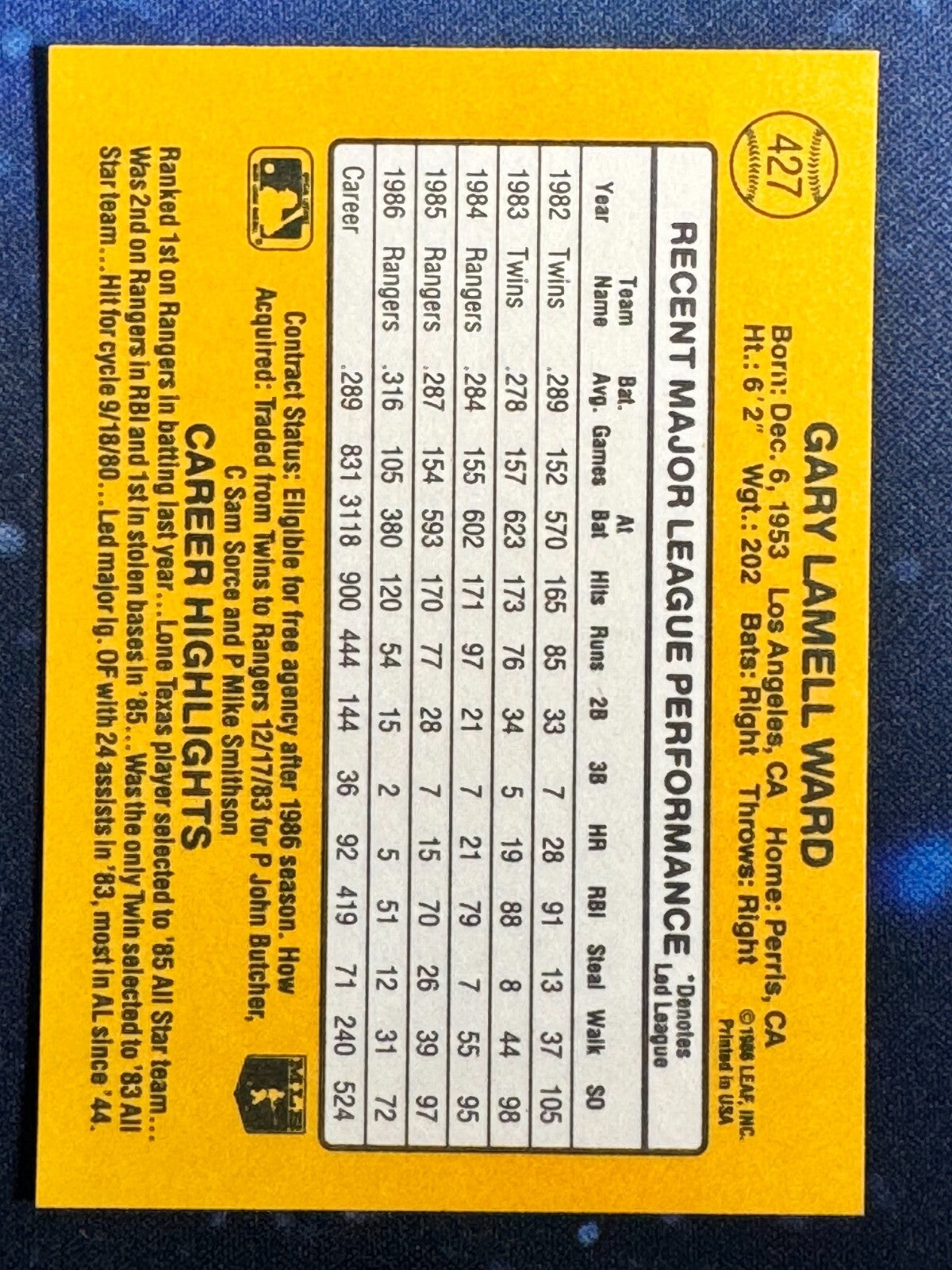 1987 Donruss #427 Gary Ward Texas Rangers