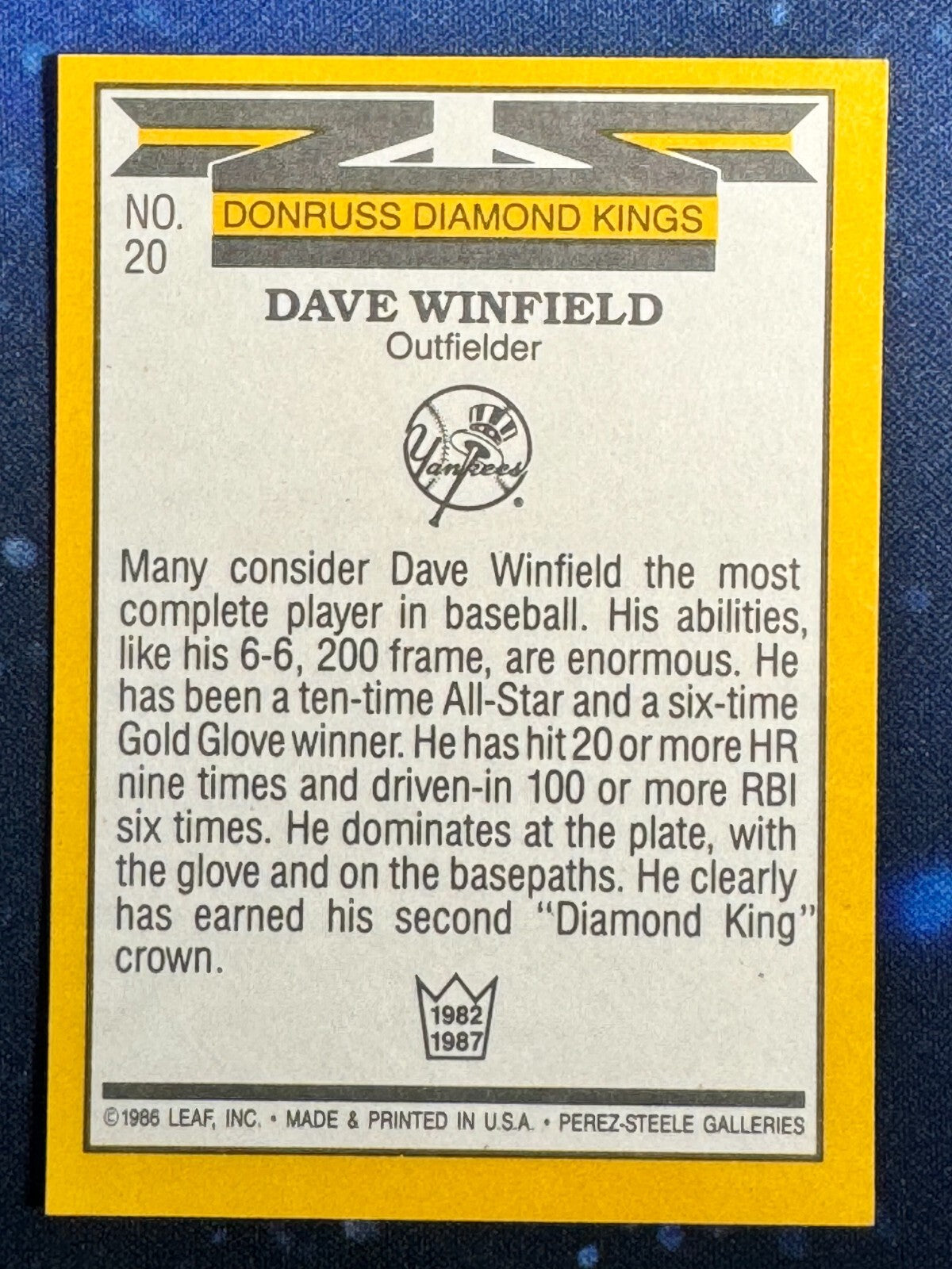 1987 Donruss Diamond Kings #20 Dave Winfield New York Yankees