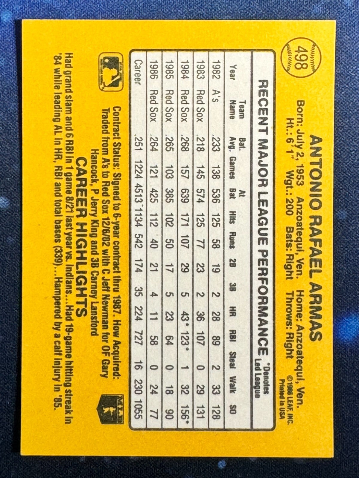 1987 Donruss #498 Tony Armas Boston Red Sox