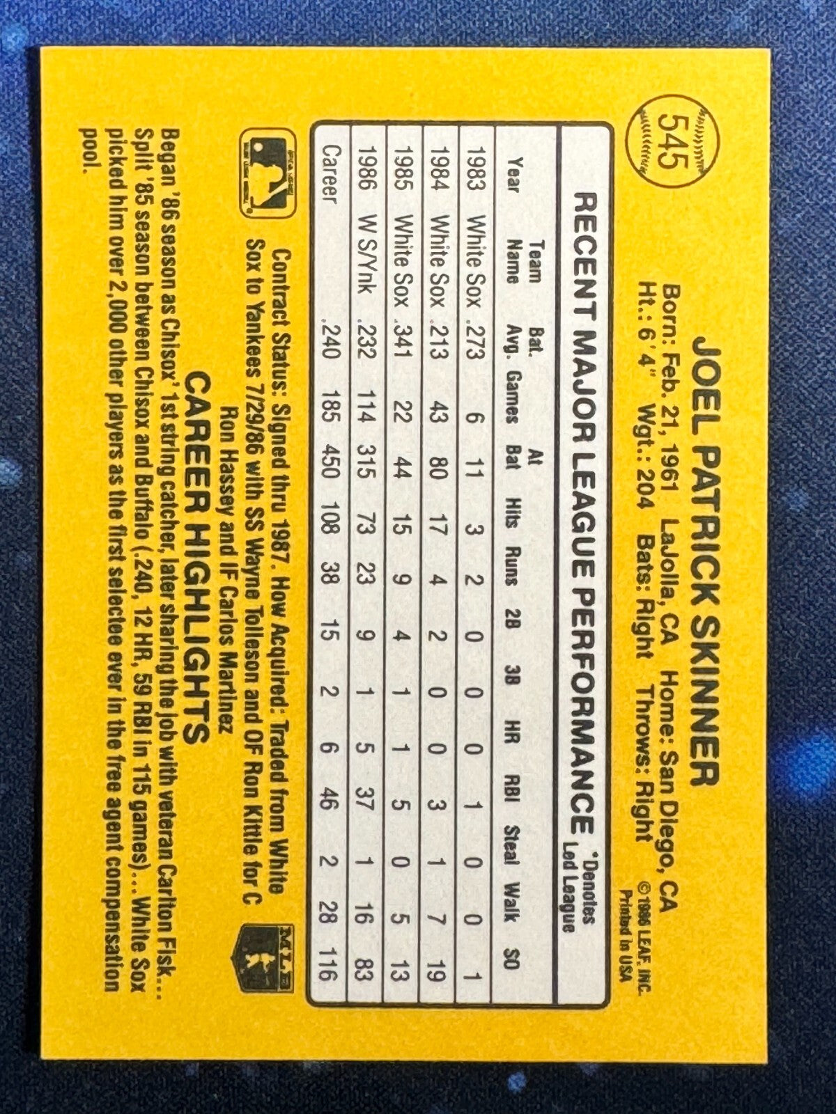 1987 Donruss #545 Joel Skinner New York Yankees