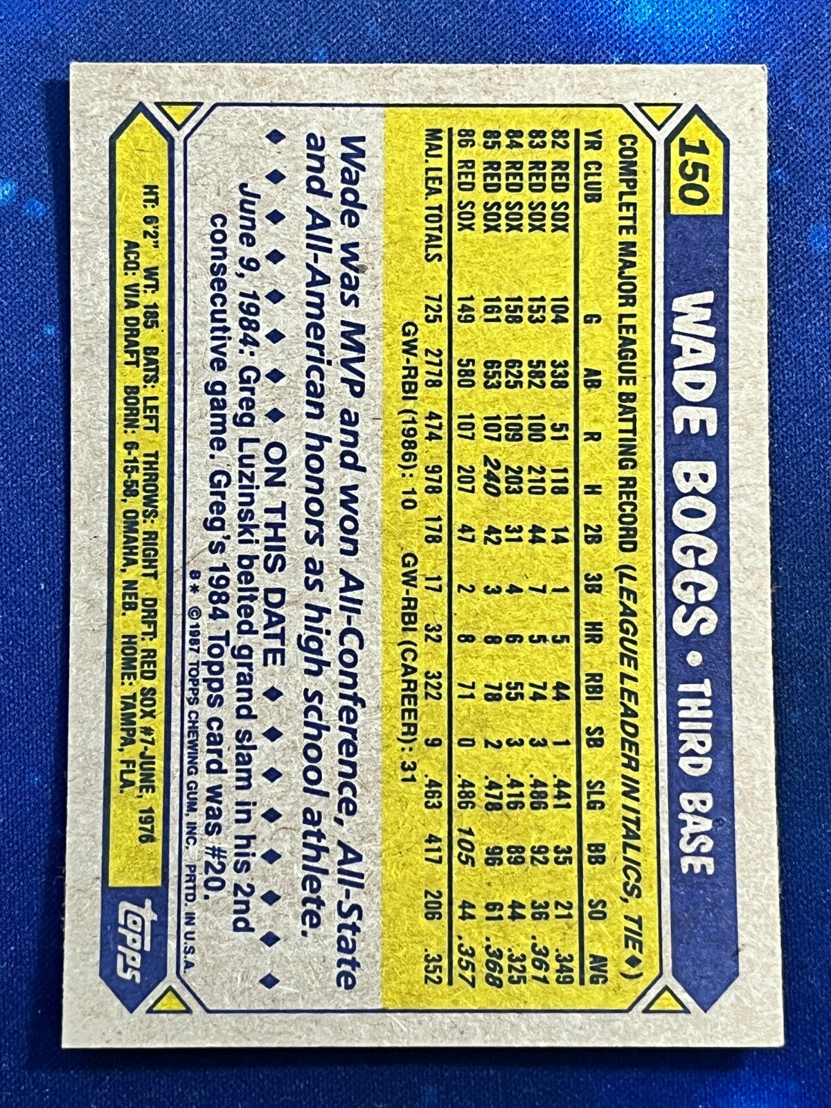 1987 Topps #150 Wade Boggs Boston Red Sox