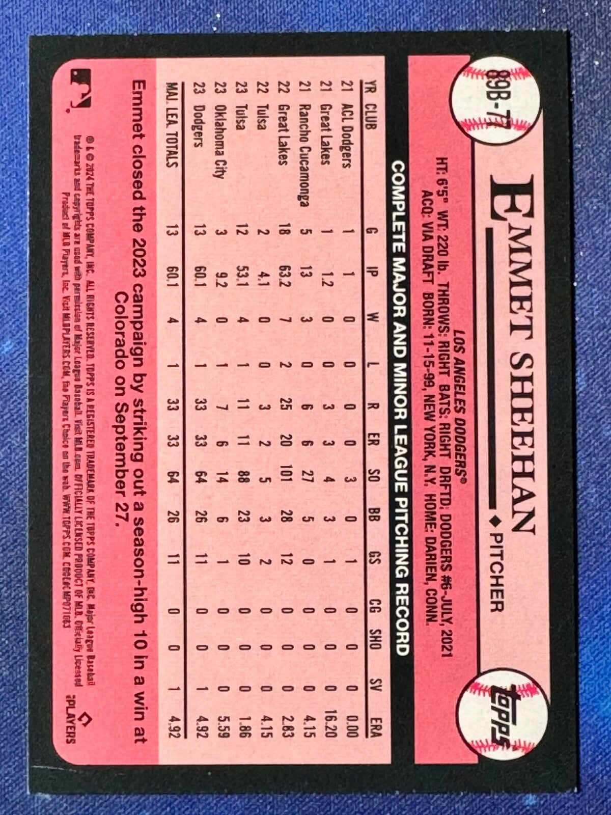 Emmet Sheehan 2024 Topps Baseball #89B-77 ‘89 Topps Los Angeles Dodgers
