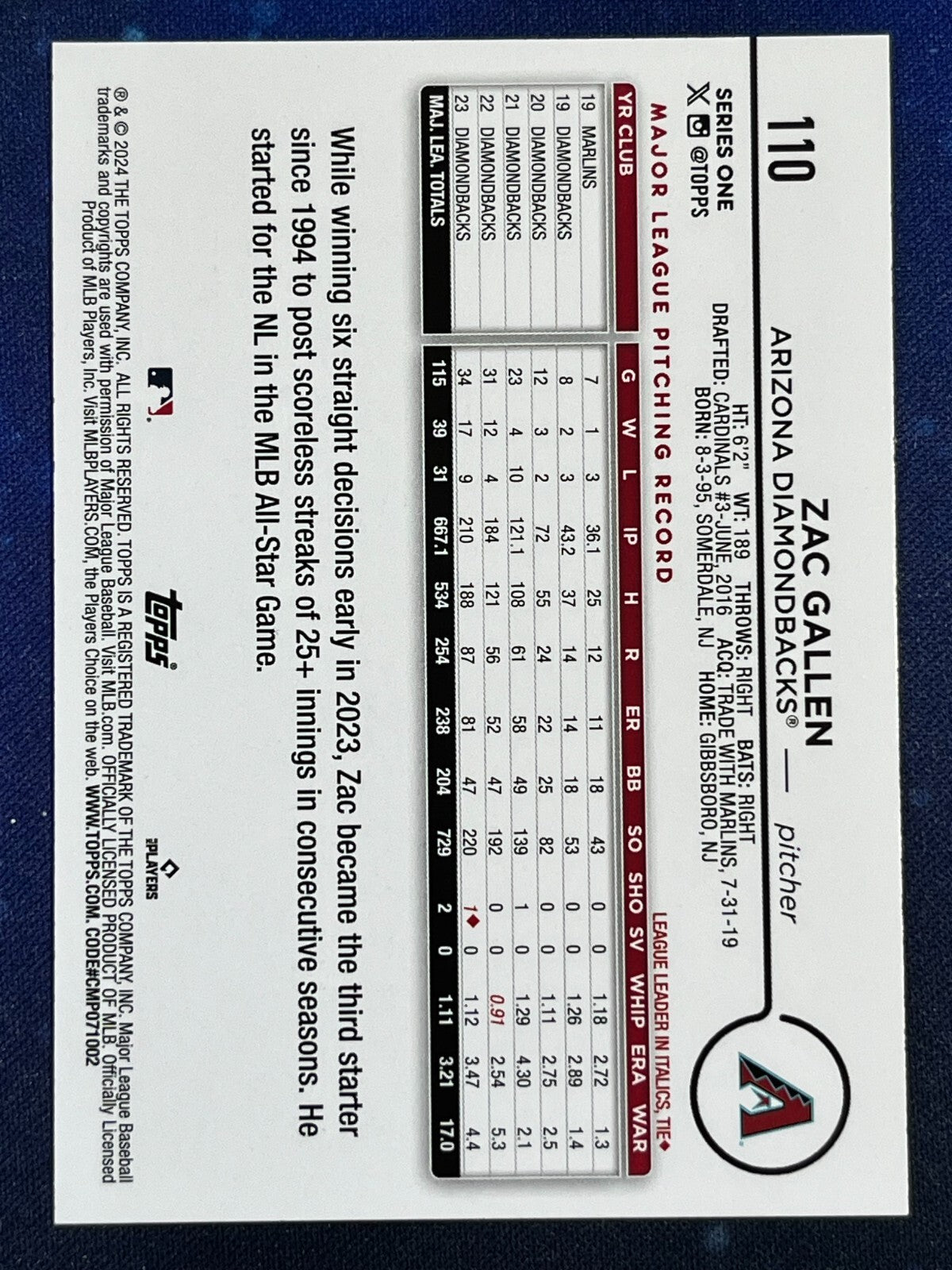 Zac Gallen 2024 Topps Baseball #110 Arizona Diamondbacks