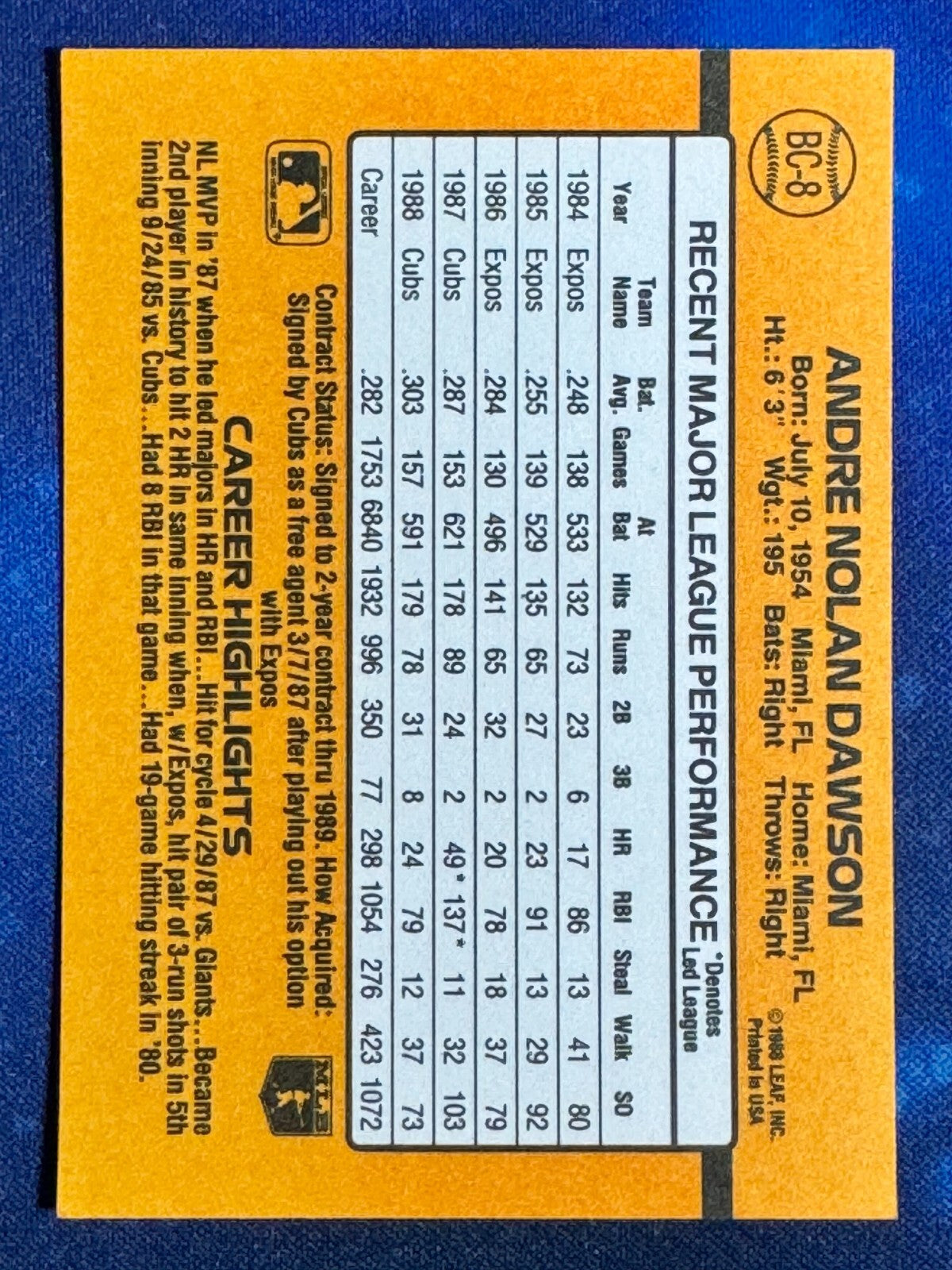 Andre Dawson 1989 Donruss MVP #BC-8 Chicago Cubs