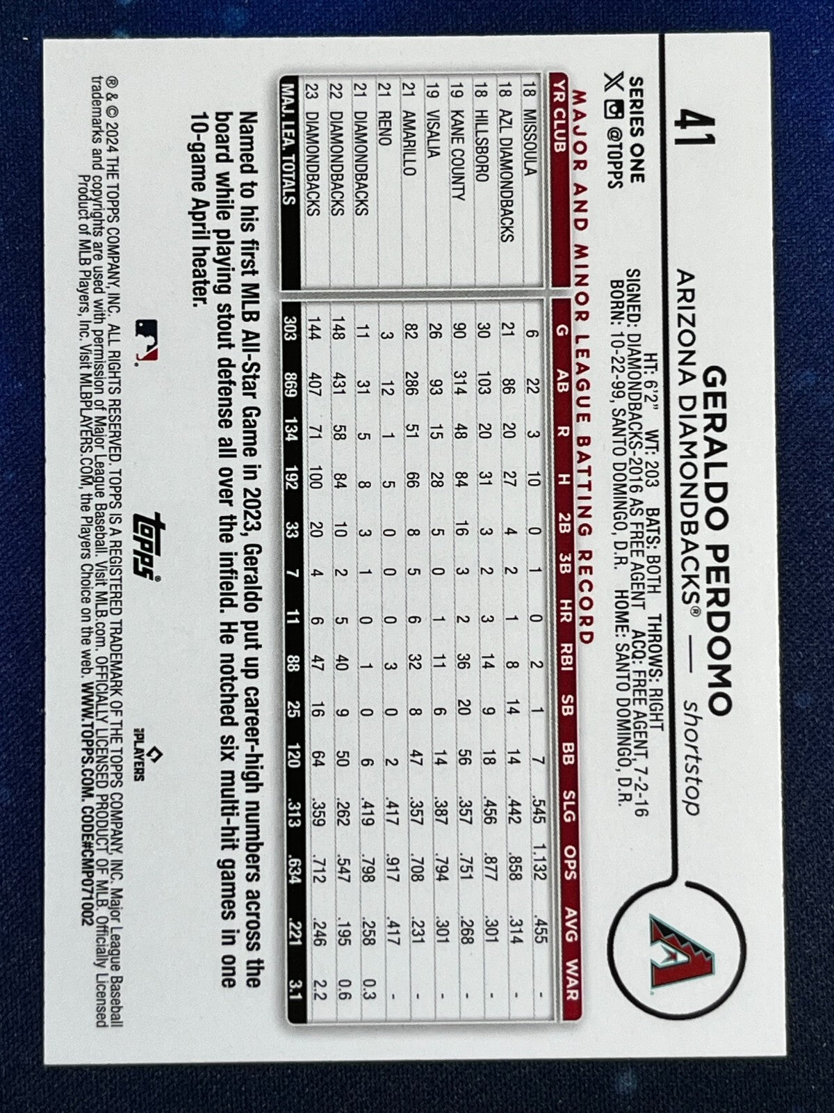 Geraldo Perdomo 2024 Topps Baseball #41 Arizona Diamondbacks