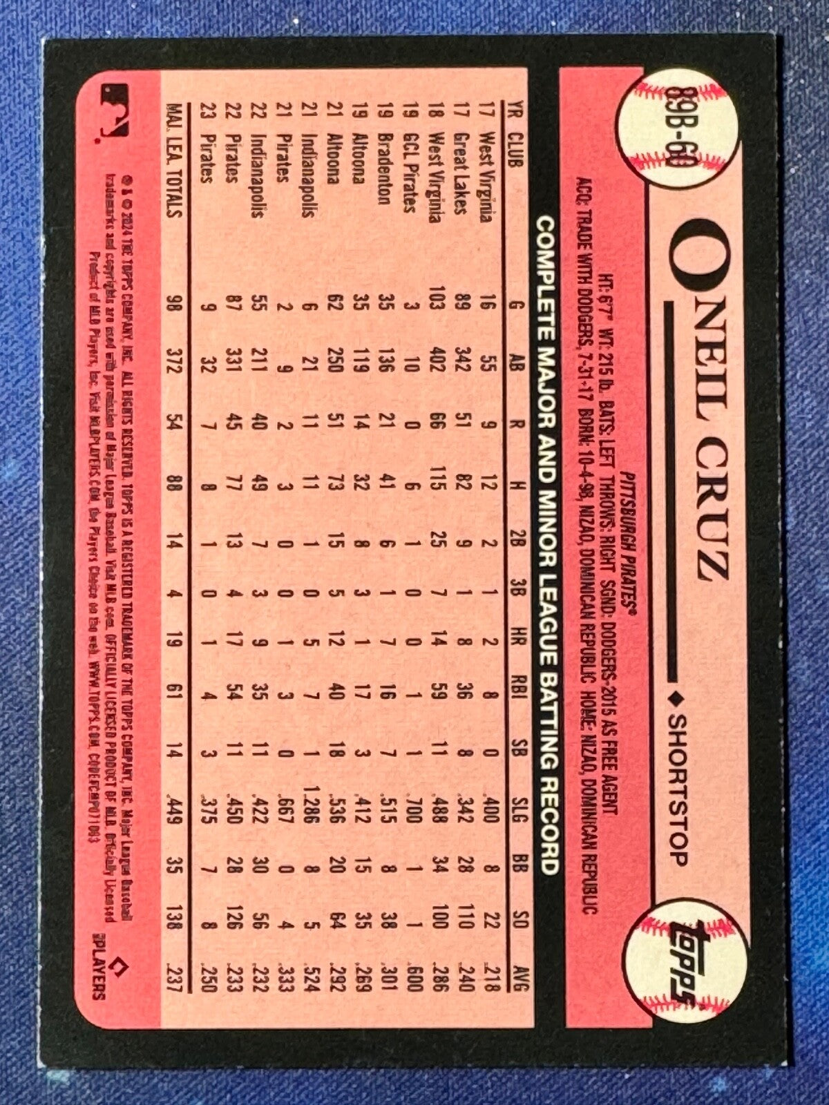 O’Neil Cruz 2024 Topps Baseball #89B-60 ‘89 Topps Pittsburgh Pirates