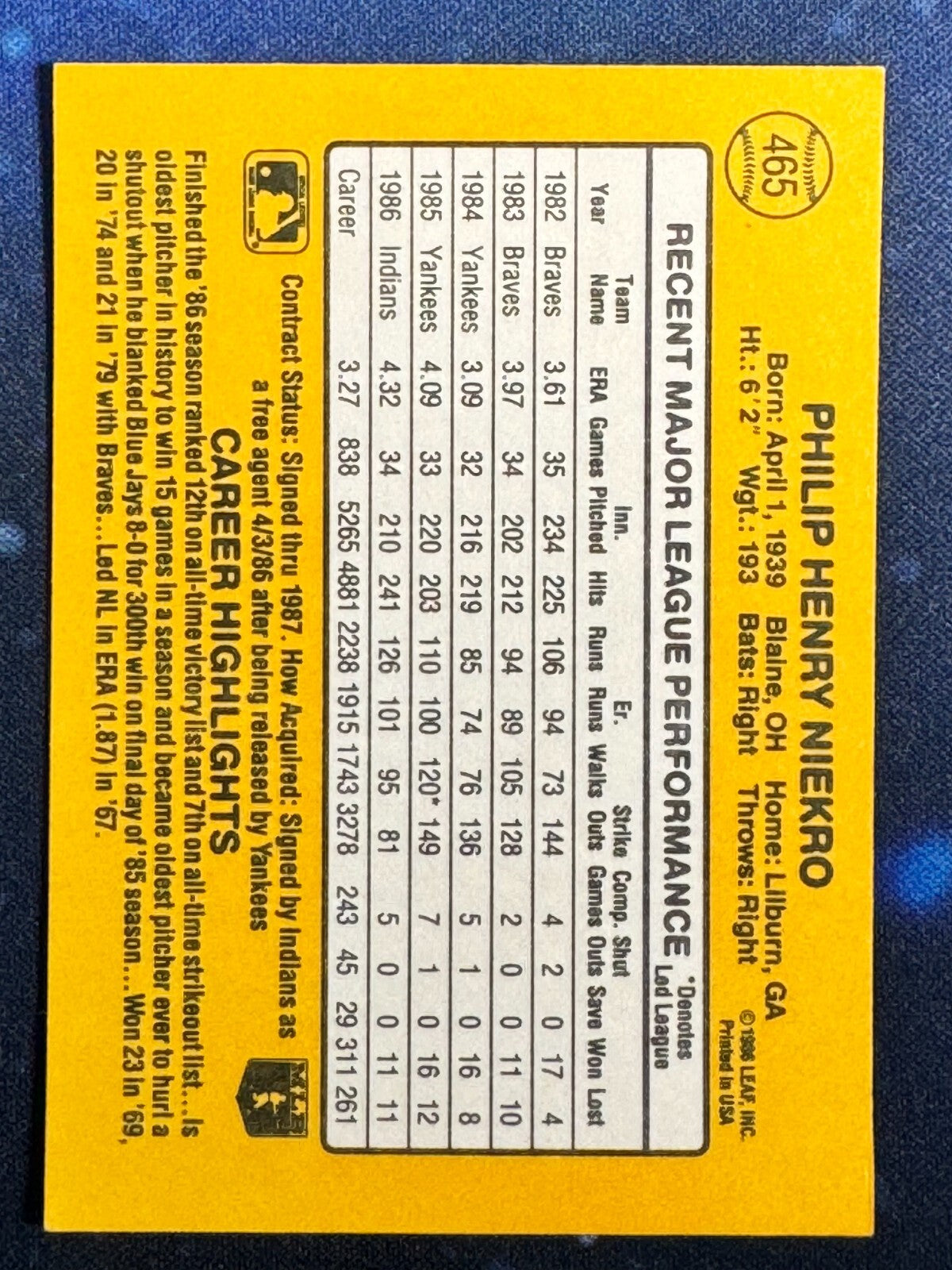 1987 Donruss #465 Phil Niekro Cleveland Indians