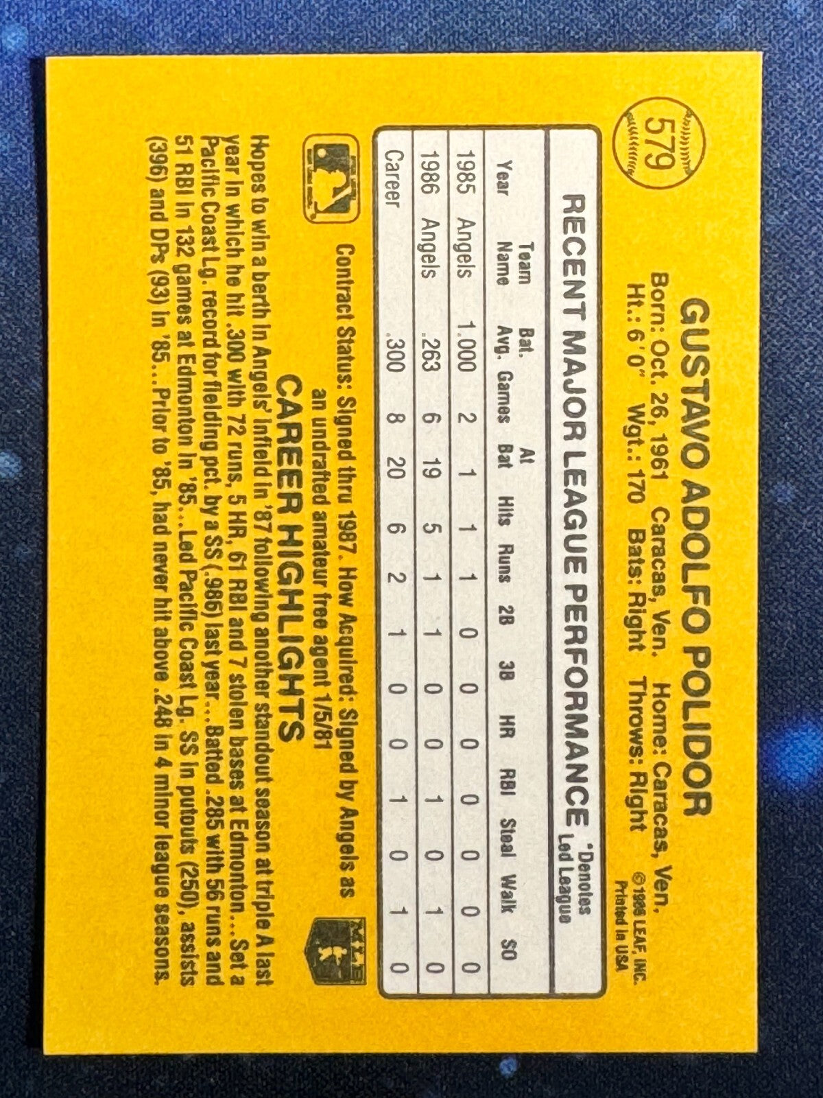 1987 Donruss #579 Gus Polidor California Angels
