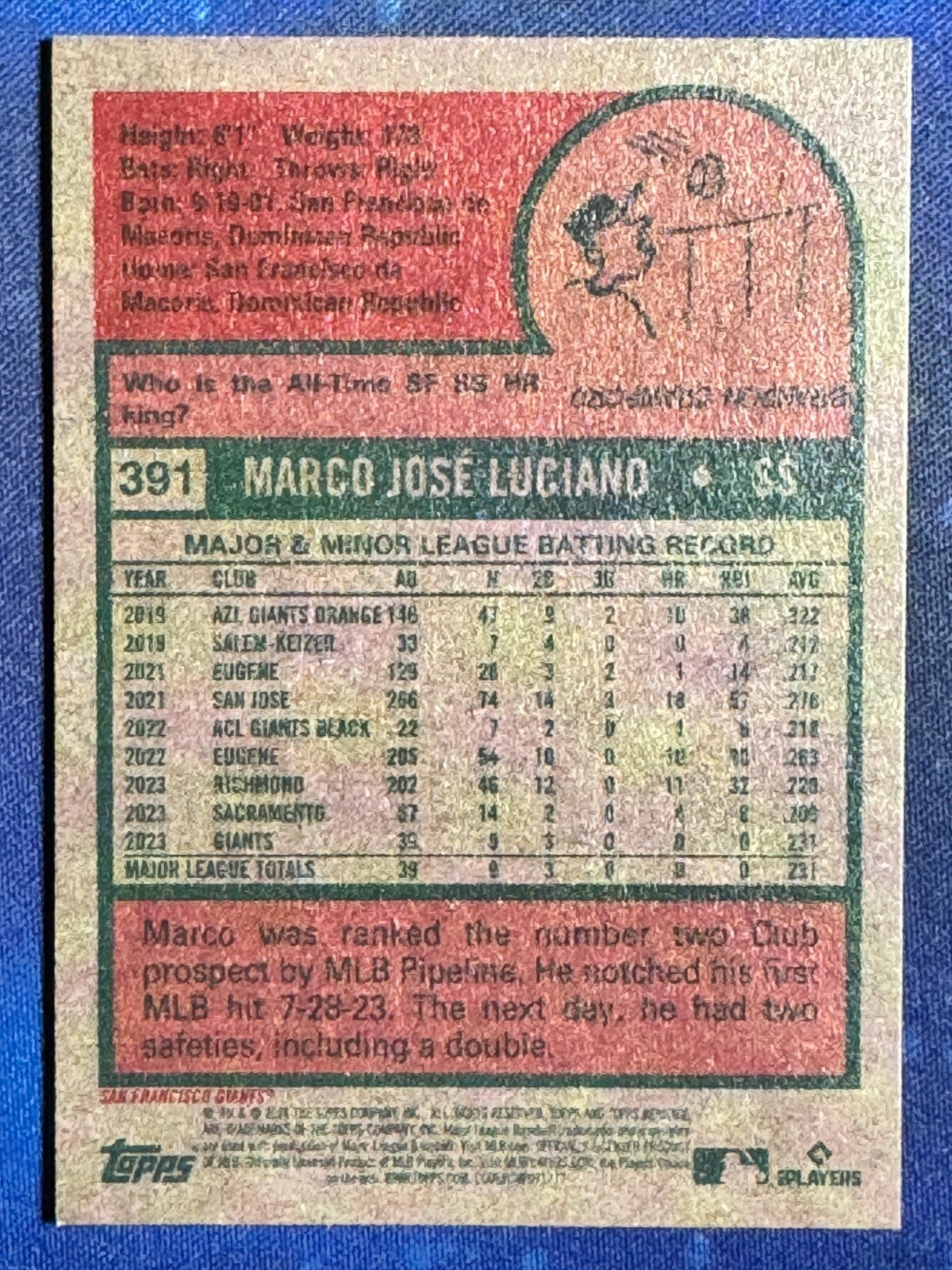 Marco Luciano 2024 Topps Heritage Baseball Rookie (RC)#391 San Francisco Giants