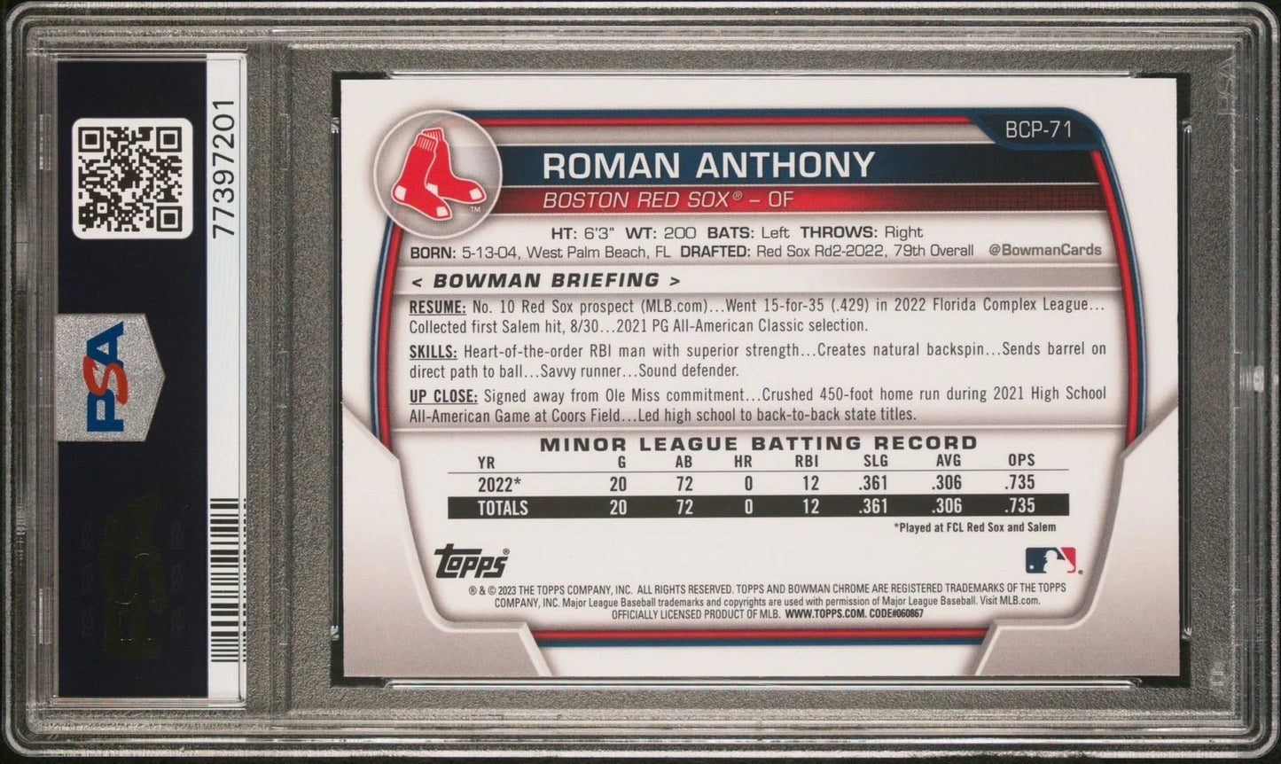 2023 Bowman Chrome M/B Roman Anthony #BCP71 PSA 10 Boston Red Sox