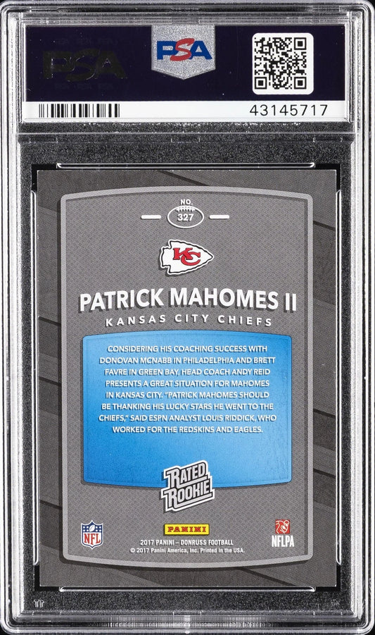 2017 Panini Donruss Jersey Number #327 Patrick Mahomes II Rookie (RC) #/15 PSA 10