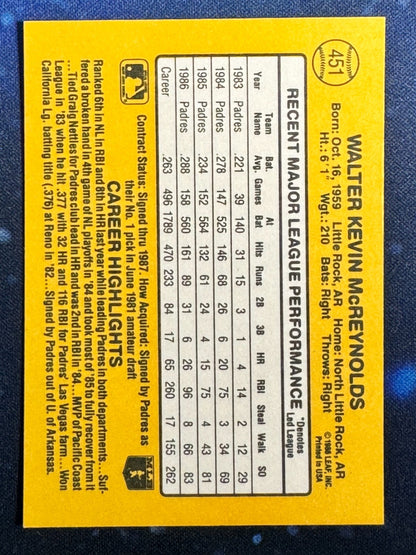 1987 Donruss #451 Kevin McReynolds San Diego Padres