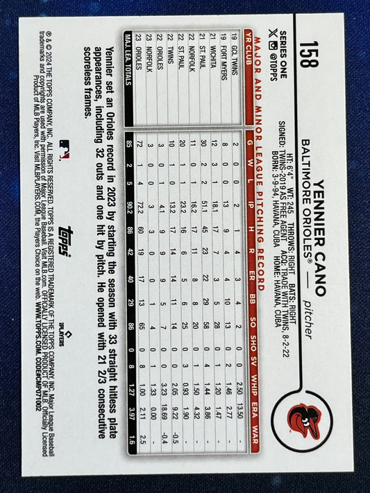 Yennier Cano 2024 Topps Baseball All Star Rookie #158 Baltimore Orioles