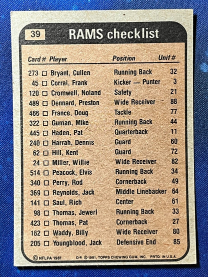 1981 Topps Football #39 Cullen Bryant/Billy Waddy/Nolan Cromwell/Jack Youngblood