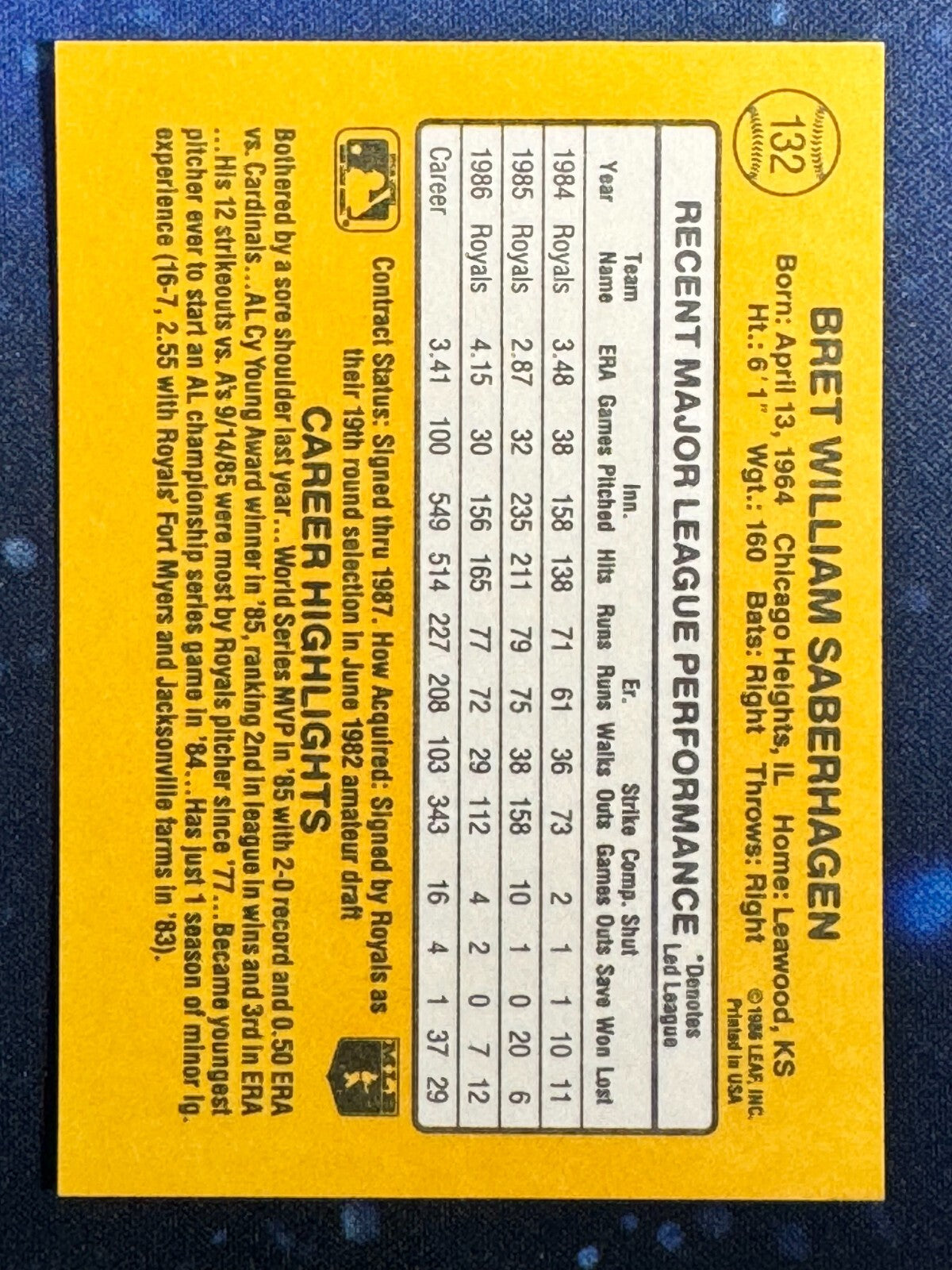 1987 Donruss #132 Bret Saberhagen Kansas City Royals
