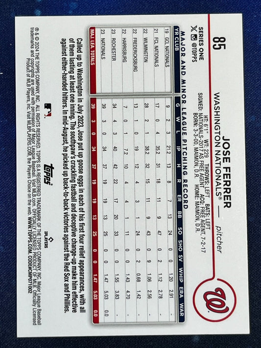 Jose Ferrer 2024 Topps Baseball Rookie (RC) #85 Washington Nationals