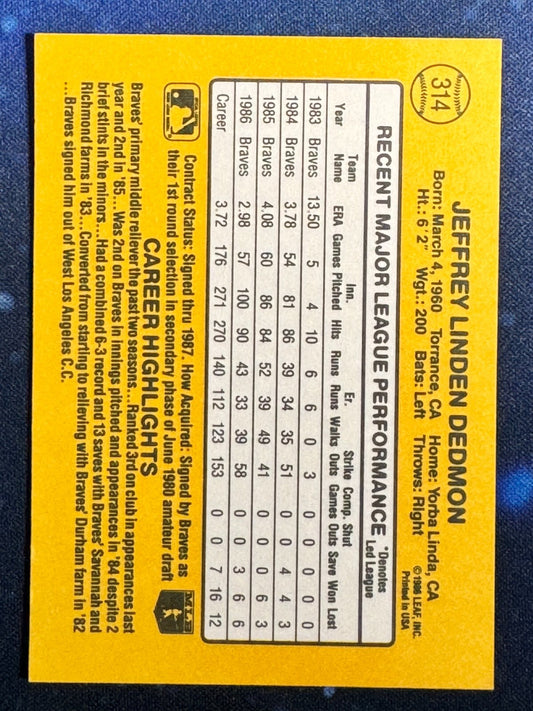 1987 Donruss #314 Jeff Dedmon Atlanta Braves
