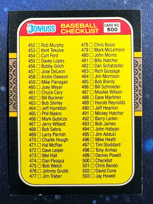 1987 Donruss #500 Checklist 452-567