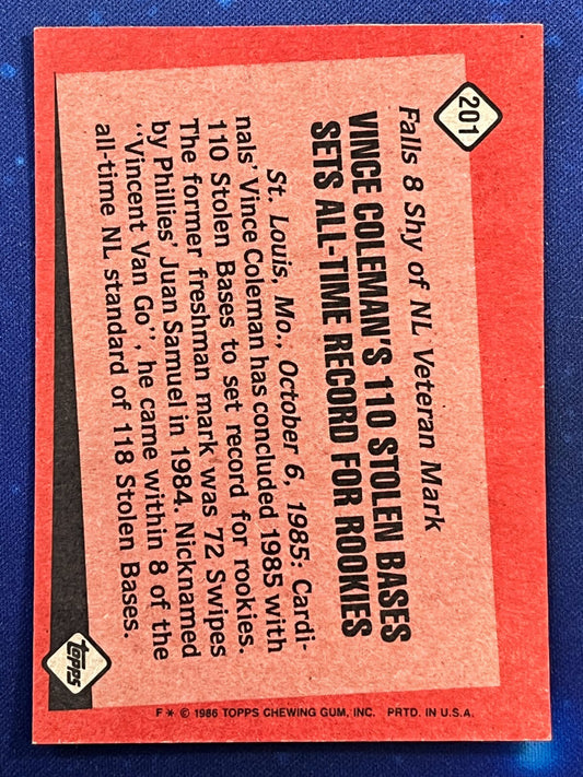 1986 Topps Baseball Record Breaker #201 Vince Coleman St. Louis Cardinals