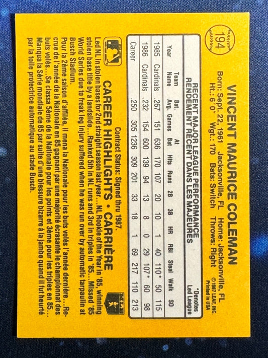 1987 Leaf/Donruss #194 Vince Coleman St. Louis Cardinals