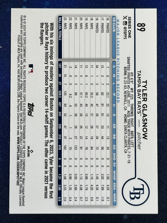 Tyler Glasnow 2024 Topps Baseball #89 Tampa Bay Rays