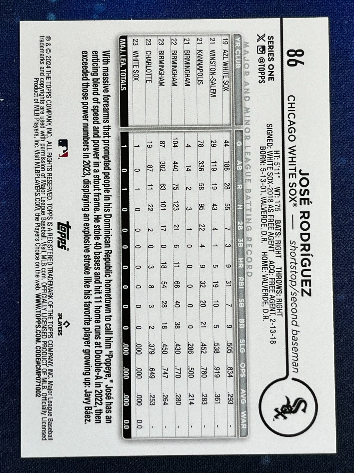 Jose Rodriguez 2024 Topps Baseball Rookie (RC) #86 Chicago White Sox