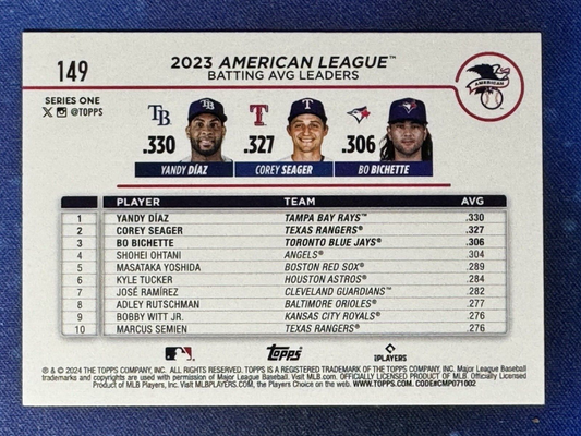 Yandy Diaz Corey Seager Bo Bichette 2024 Topps Baseball #149 League Leaders