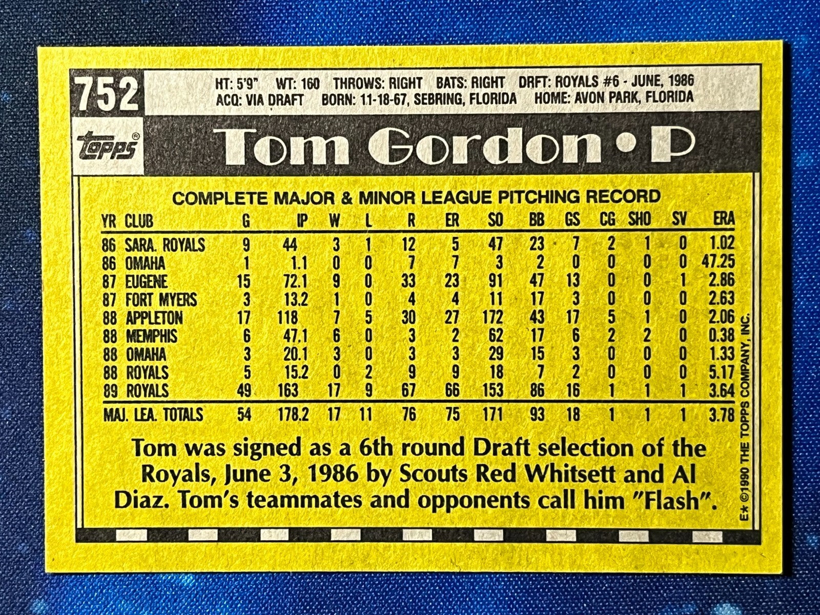 1990 Topps All-Star Rookie #752 Tom Gordon Kansas City Royals