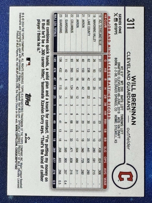 Will Brennan 2024 Topps Baseball Royal Blue #311 Cleveland Guardians