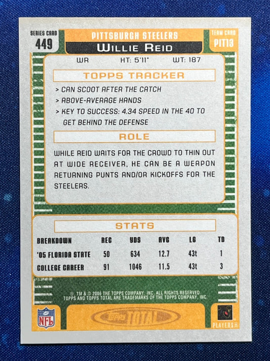 Willie Reid 2006 Topps Total Football Rookie Silver #449  Pittsburgh Steelers