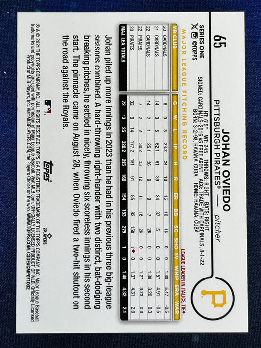 Johan Oviedo 2024 Topps Baseball #65 Pittsburgh Pirates
