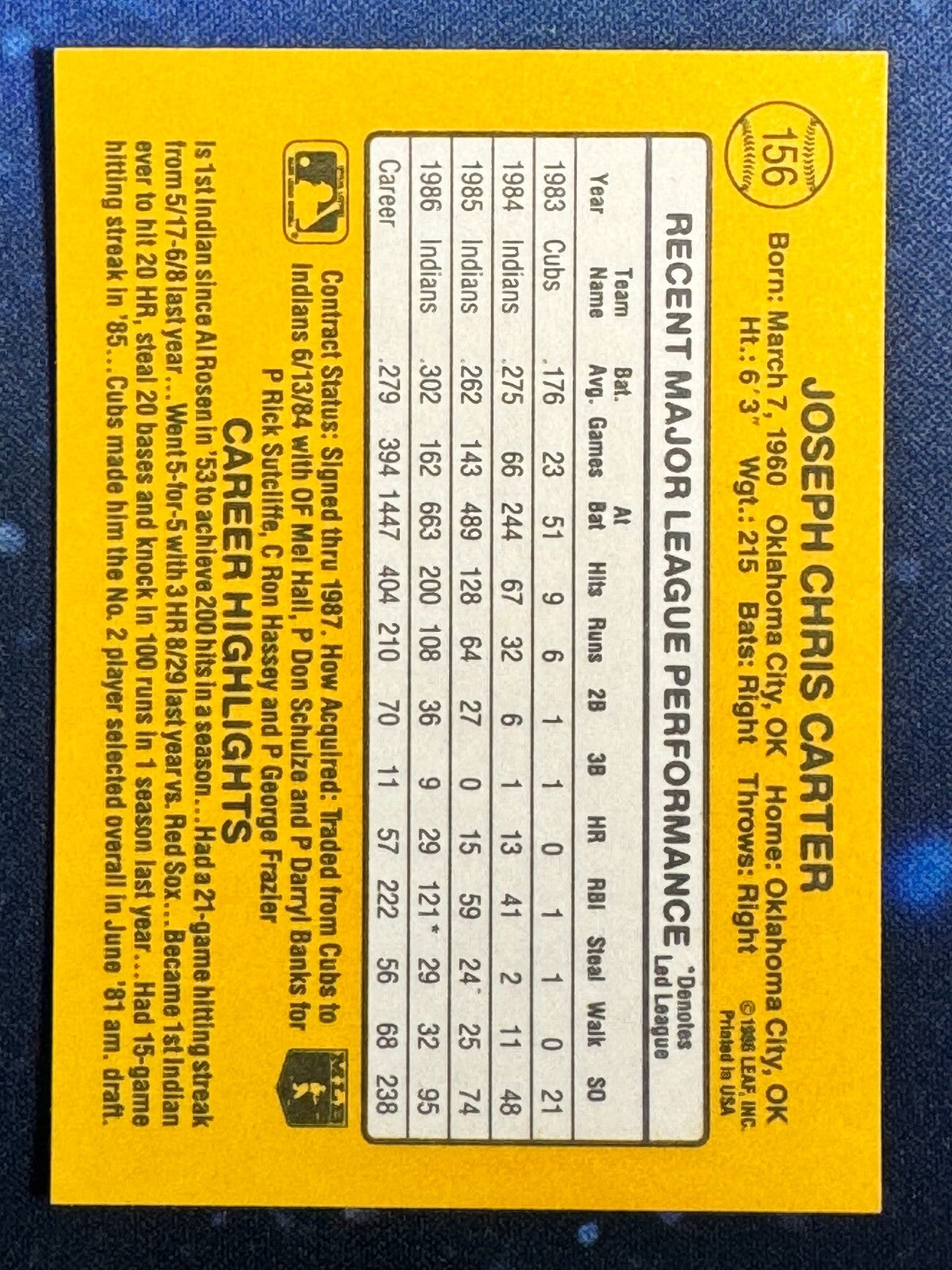 1987 Donruss #156 Joe Carter Cleveland Indians
