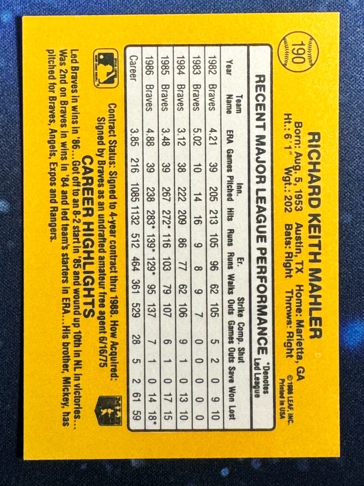 1987 Donruss #190 Rick Mahler Atlanta Braves