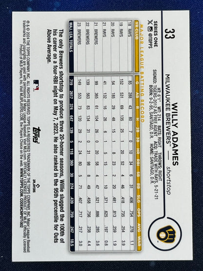 Willy Adames 2024 Topps Baseball #33 Milwaukee Brewers