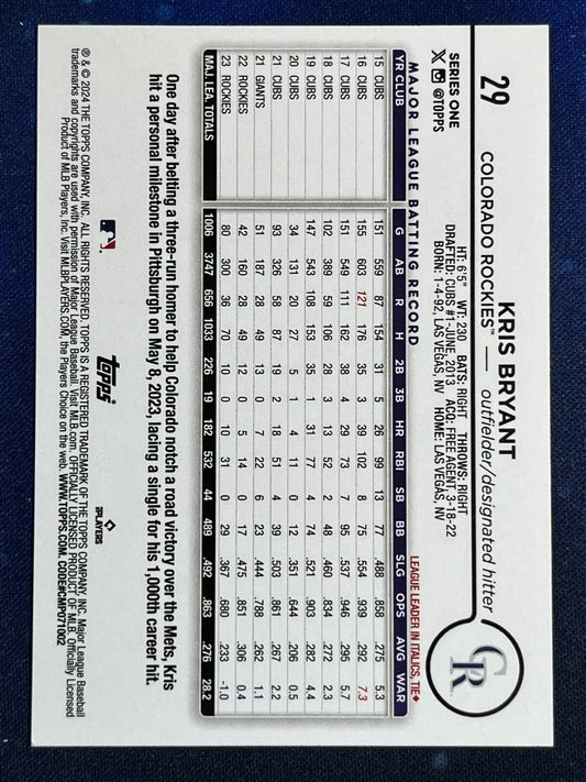 Kris Bryant 2024 Topps Baseball #29 Colorado Rockies