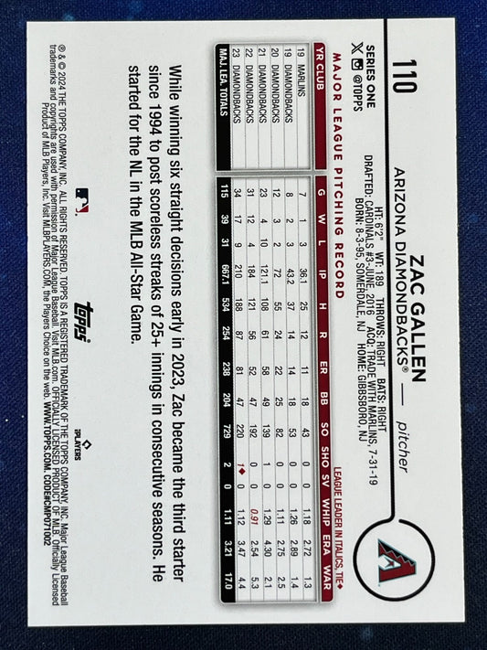 Zac Gallen 2024 Topps Baseball #110 Arizona Diamondbacks