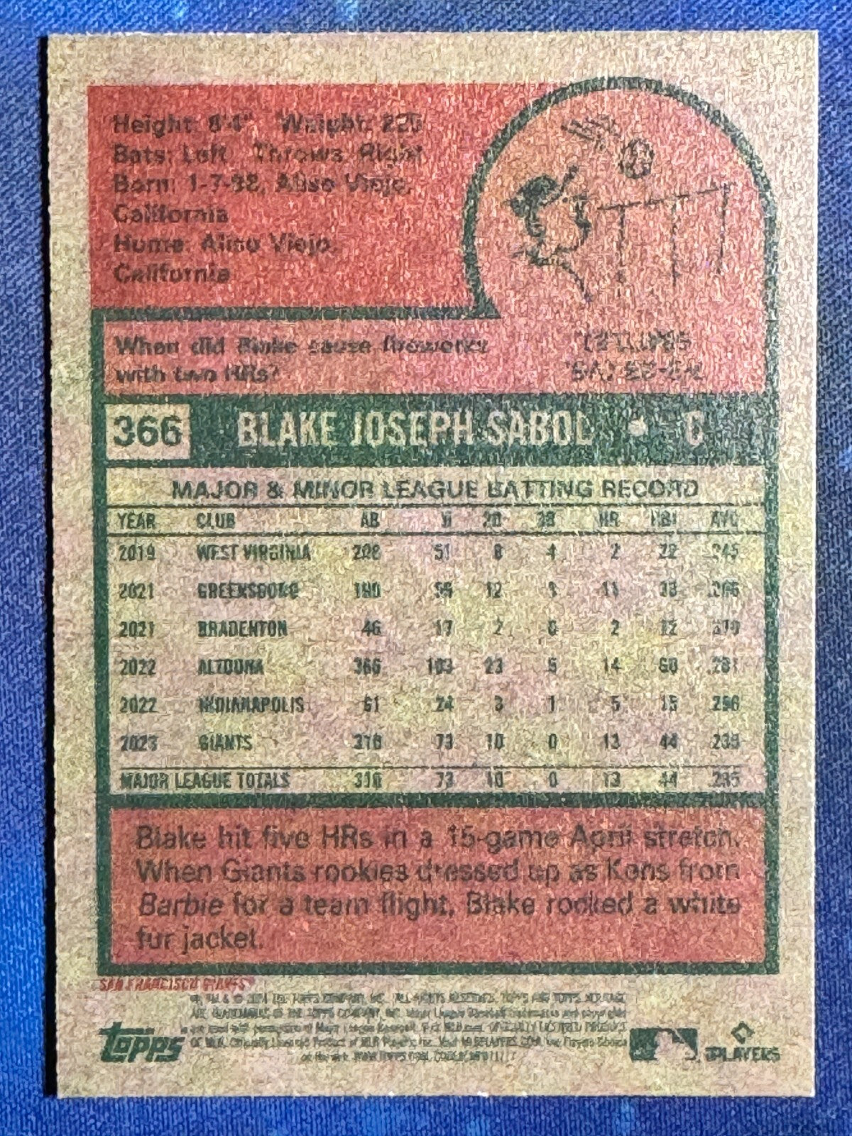 Blake Sabol 2024 Topps Heritage Baseball #366 San Francisco Giants