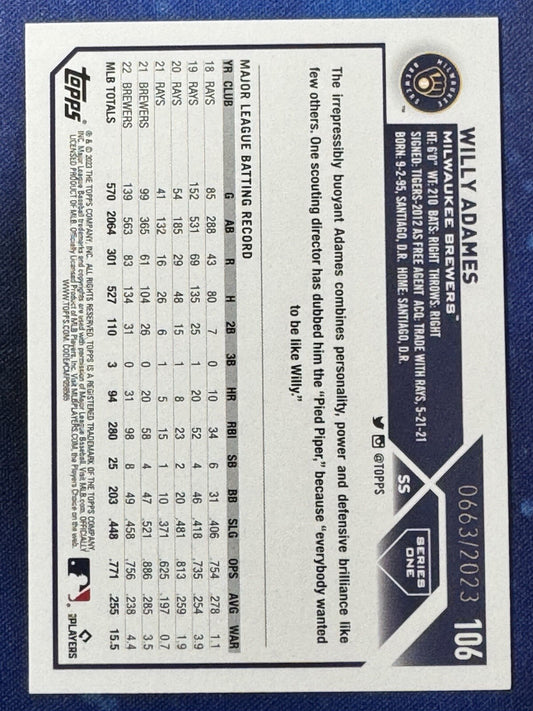Willy Adames 2023 Topps Baseball Gold #663/2023 Milwaukee Brewers