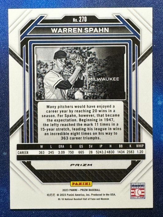 Warren Spahn 2023 Panini Prizm Blue Ice Prizm #270 Milwaukee Brewers