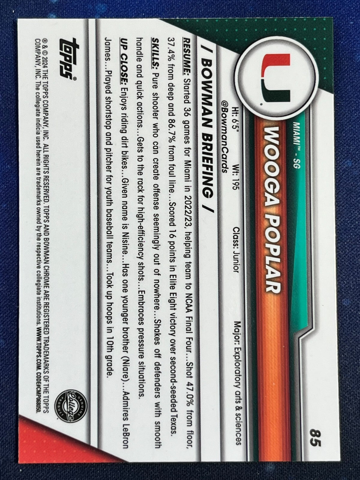 Wooga Poplar 2023-24 Bowman Chrome University #85 Miami Hurricanes