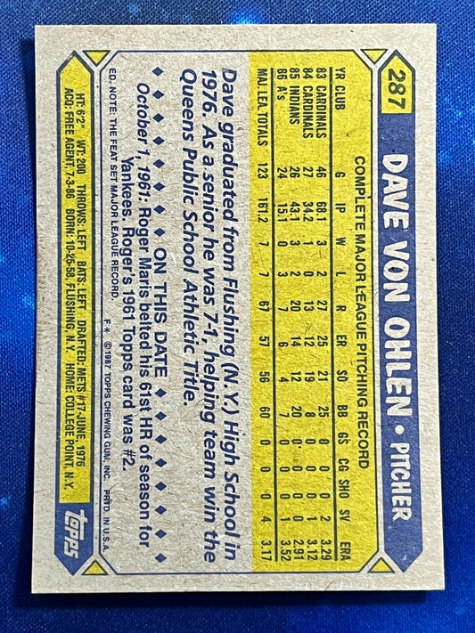 1987 Topps #287 Dave Von Ohlen Oakland Athletics