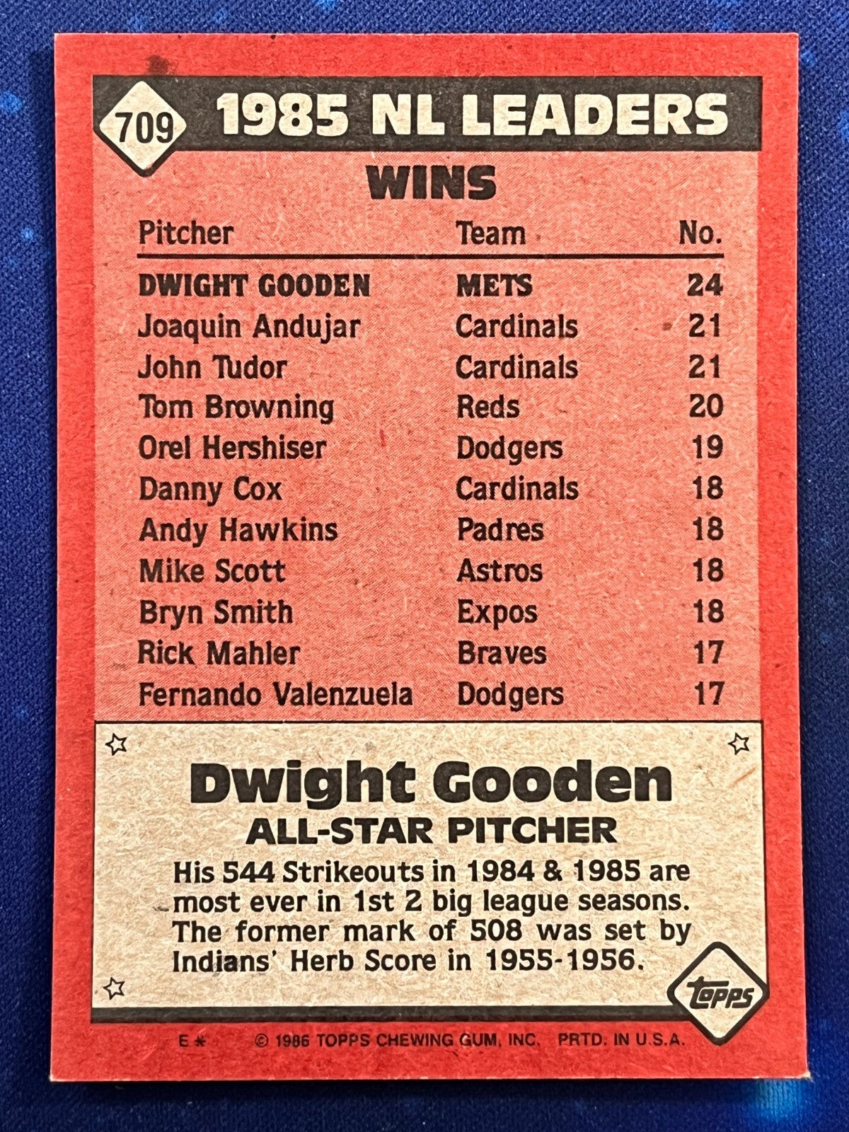 1986 Topps Baseball N.L. All Star #709 Dwight Gooden New York Mets
