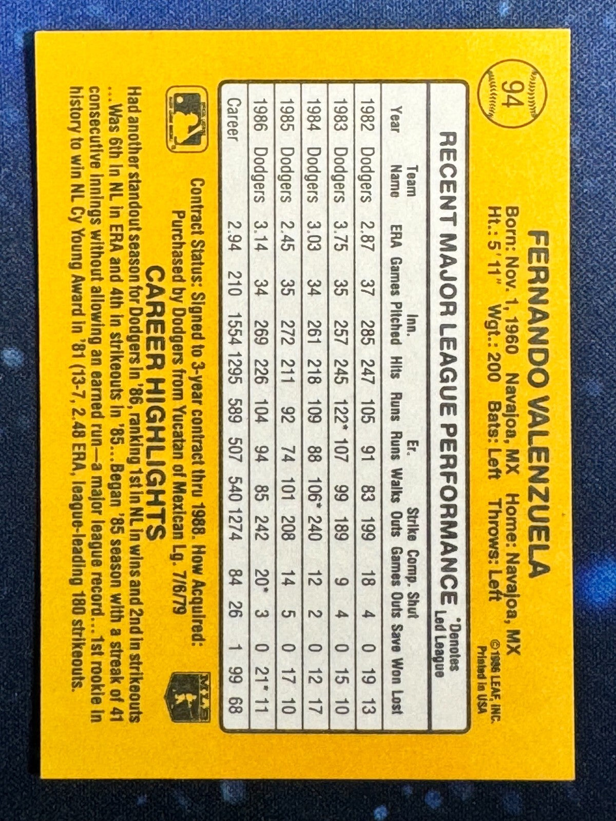 1987 Donruss #94 Fernando Valenzuela Los Angeles Dodgers