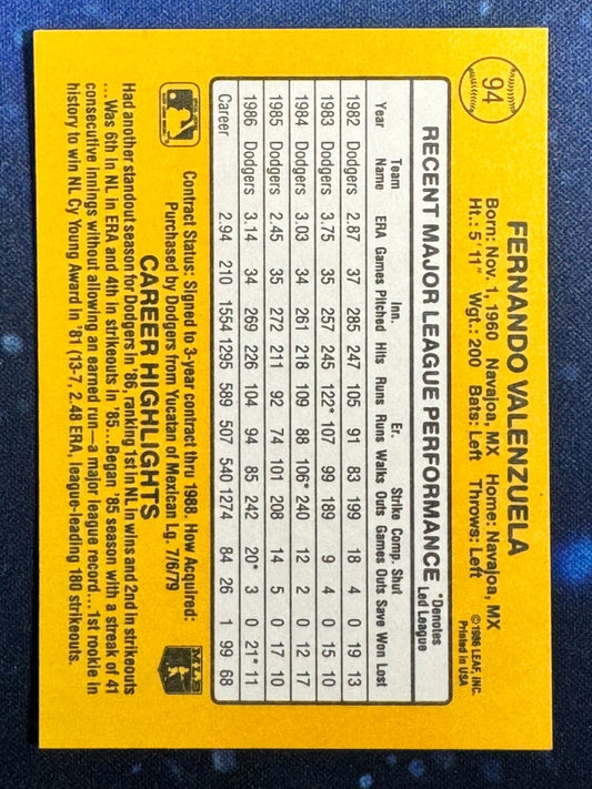 1987 Donruss #94 Fernando Valenzuela Los Angeles Dodgers