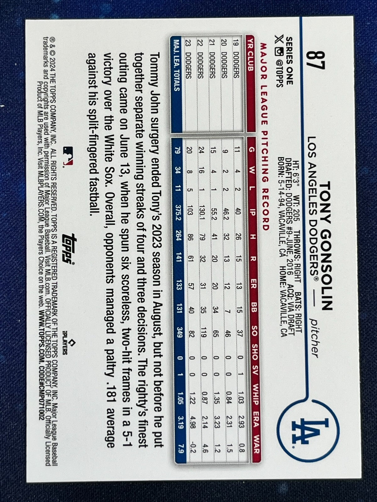 Tony Gonsolin 2024 Topps Baseball #87 Los Angeles Dodgers