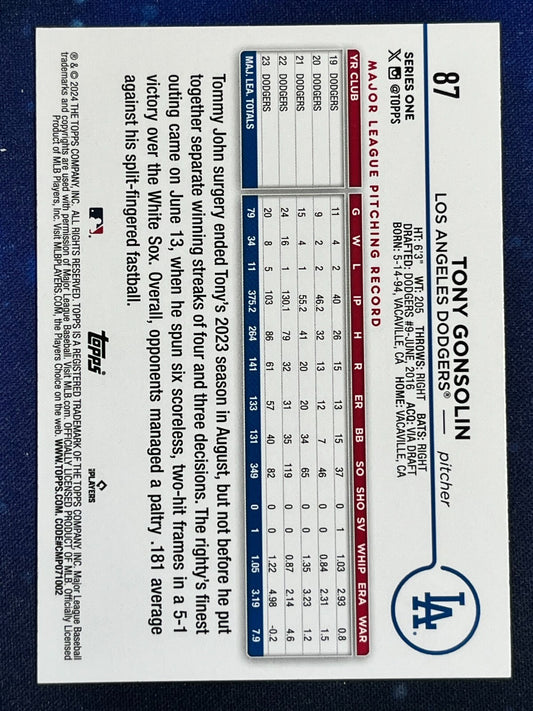 Tony Gonsolin 2024 Topps Baseball #87 Los Angeles Dodgers