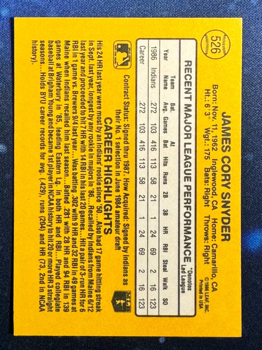 1987 Donruss #526 Cory Snyder Cleveland Indians