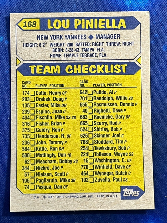 1987 Topps Manager #168 Lou Piniella New York Yankees